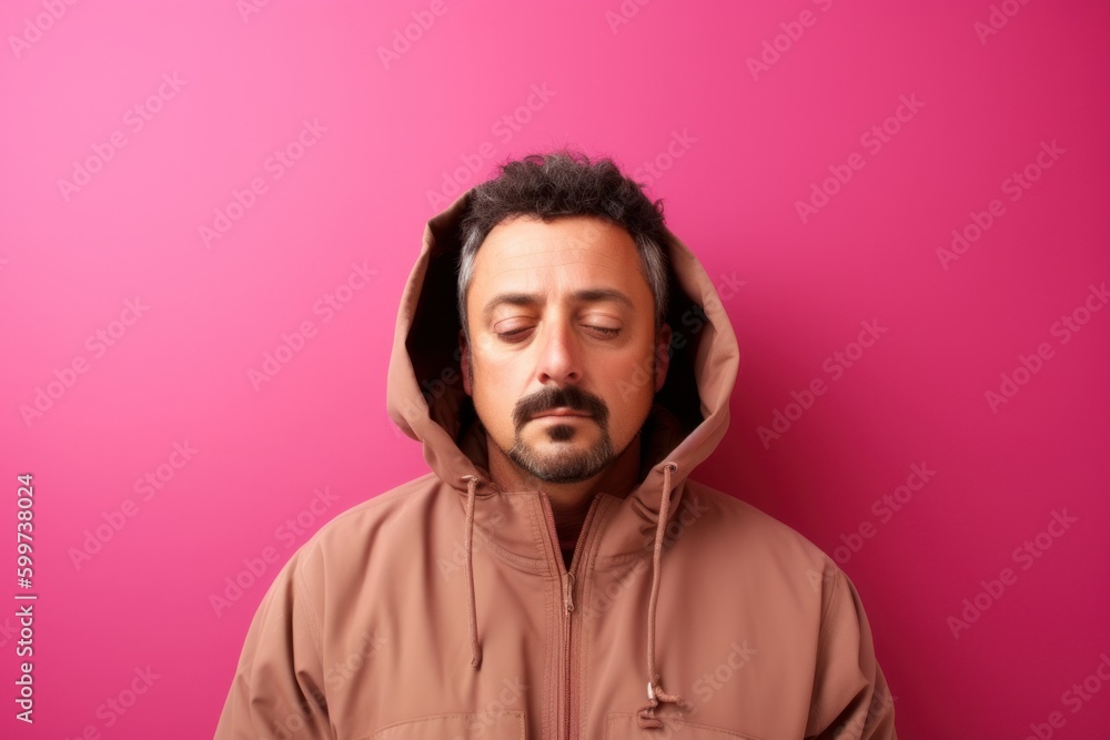 Portrait of a young man wearing hoodie and sleeping on a pink background Portrait of a young man wearing hoodie and sleeping on a pink background