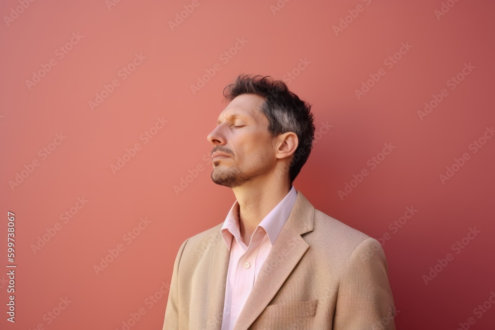 Handsome young man in beige suit looking away on pink background Handsome young man in beige suit looking away on pink background