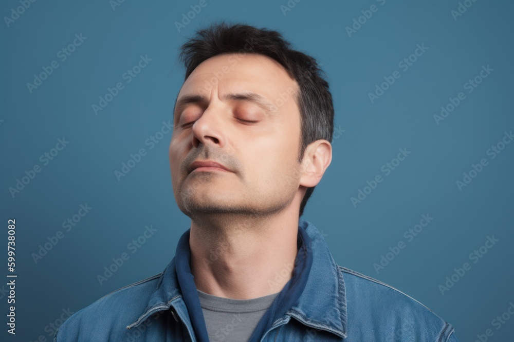 Fototapeta premium Portrait of handsome young man with closed eyes on light blue background