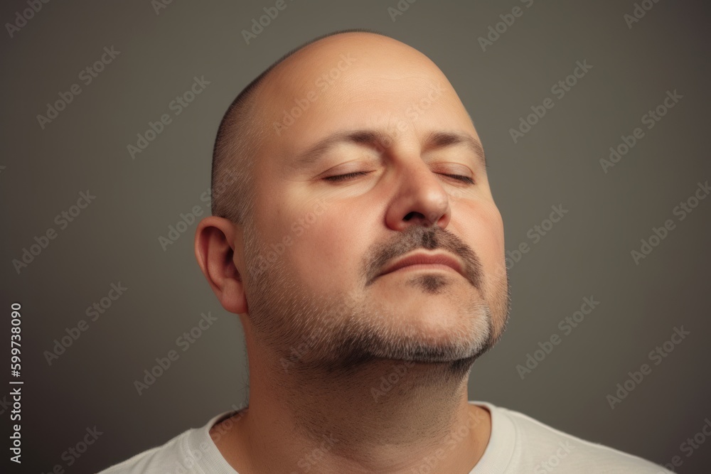 Portrait of a bald man with closed eyes on a gray background Portrait of a bald man with closed eyes on a gray background