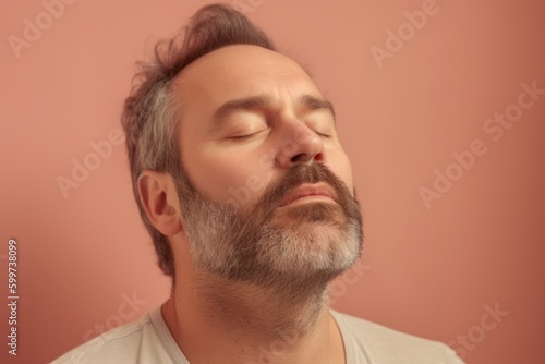 Portrait of a bearded man with closed eyes on a pink background