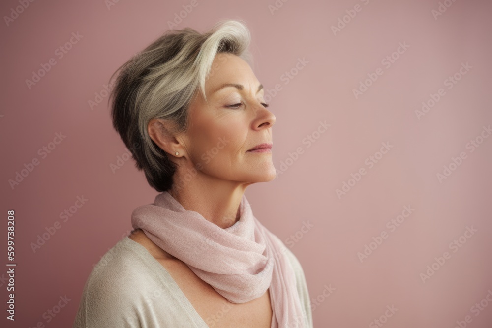 Portrait of a beautiful mature woman with closed eyes on a pink background Portrait of a beautiful mature woman with closed eyes on a pink background