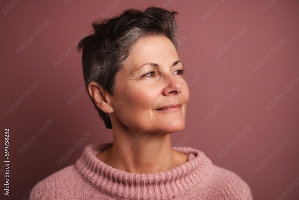 Portrait of a beautiful middle-aged woman on a pink background Portrait of a beautiful middle-aged woman on a pink background