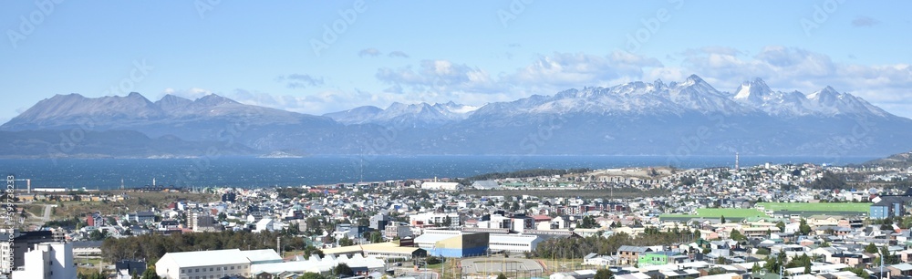 Panoramic view of the snow-capped mountain range overlooking Ushuaia, Argentina