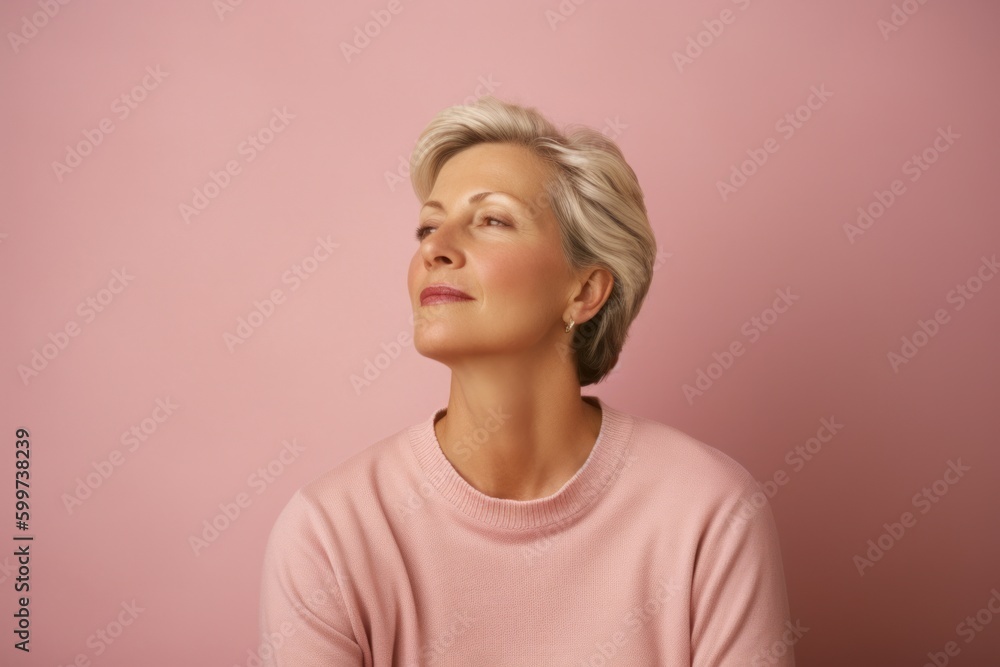 Portrait of beautiful middle-aged woman with short blonde hair, wearing pink sweater, looking away and dreaming. Portrait of beautiful middle-aged woman with short blonde hair, wearing pink sweater, looking away and dreaming.