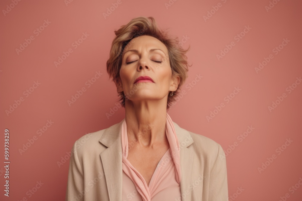 Portrait of a mature woman with closed eyes on a pink background Portrait of a mature woman with closed eyes on a pink background
