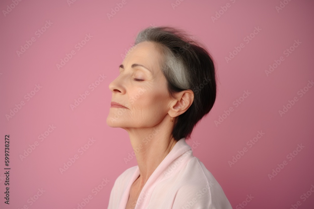 Mature woman with closed eyes on pink background, focus on eyes Mature woman with closed eyes on pink background, focus on eyes