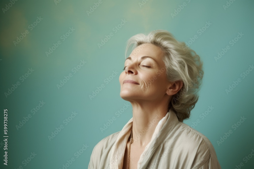 Portrait of beautiful senior woman with closed eyes on blue background. Portrait of beautiful senior woman with closed eyes on blue background.