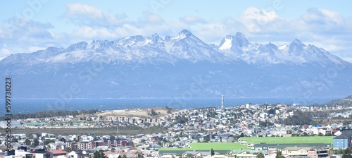 The beautiful snow-capped mountain range overlooking Ushuaia, Argentina