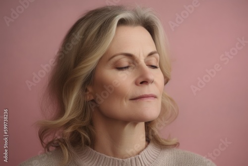 Portrait of a mature woman with closed eyes on a pink background