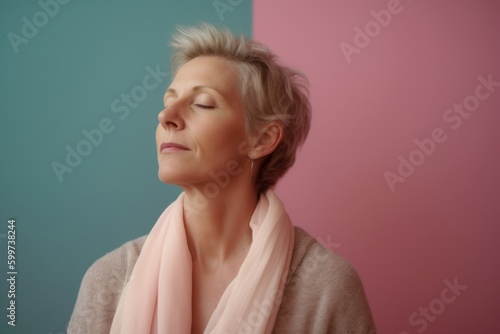 Portrait of a beautiful mature woman with short blond hair on a pink and blue background