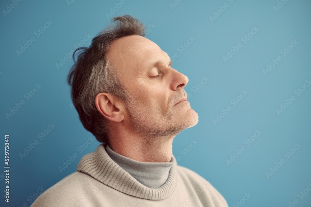Handsome middle-aged man with closed eyes on blue background Handsome middle-aged man with closed eyes on blue background