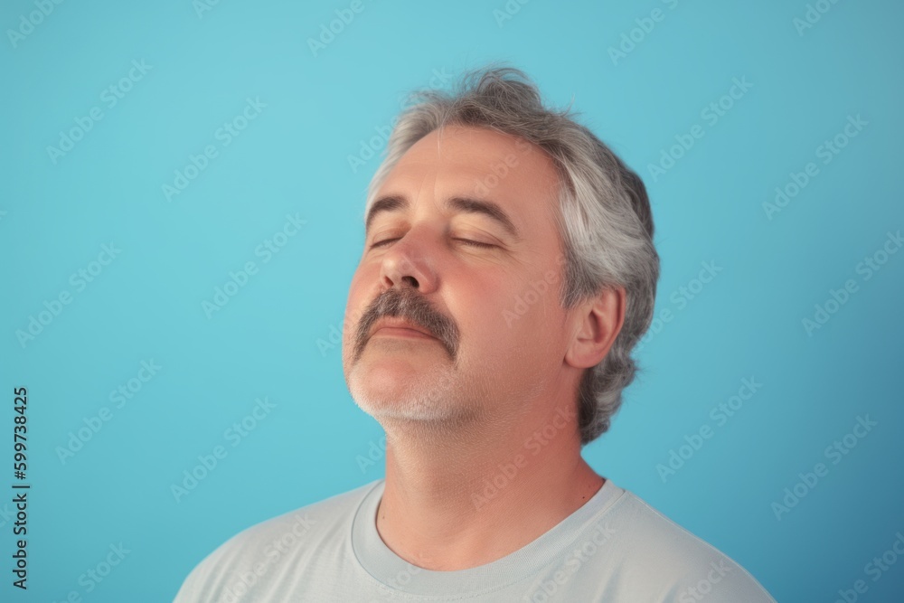 Middle-aged man with gray hair and mustache on a blue background Middle-aged man with gray hair and mustache on a blue background