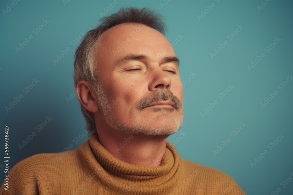 Handsome middle aged man in a yellow sweater on a blue background Handsome middle aged man in a yellow sweater on a blue background