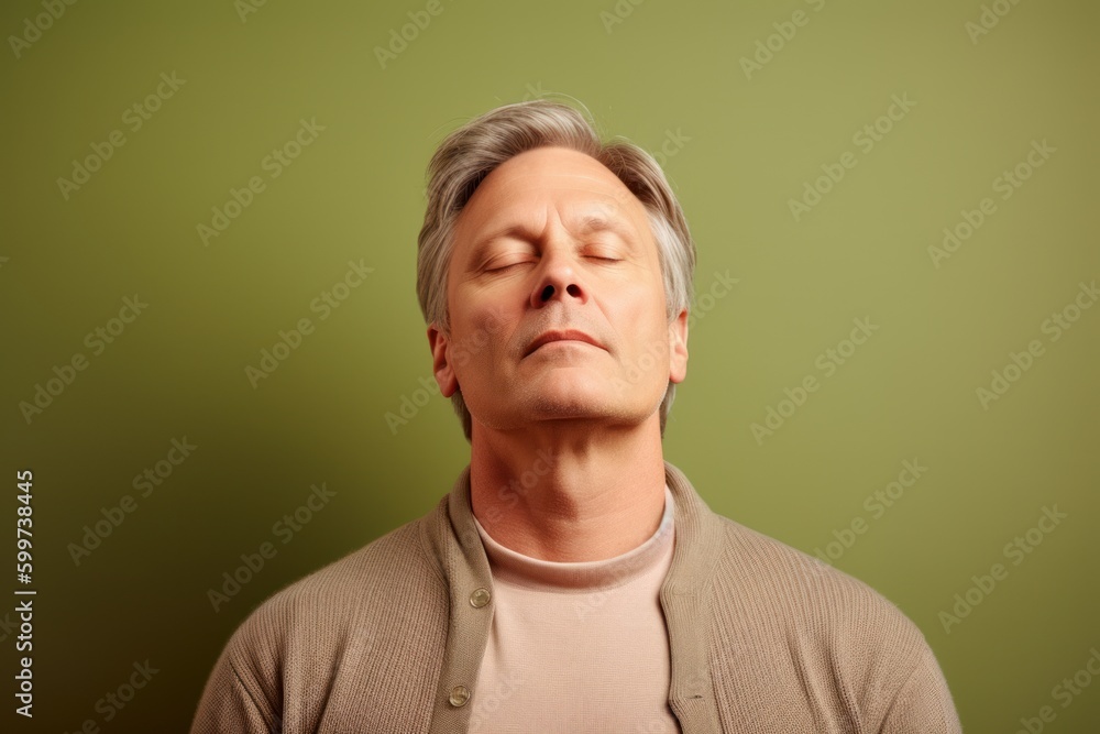 Obraz premium Portrait of a middle-aged man with closed eyes on a green background