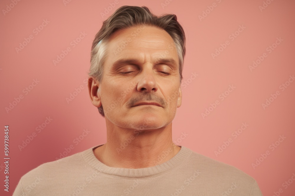 Portrait of handsome middle-aged man with closed eyes on pink background Portrait of handsome middle-aged man with closed eyes on pink background