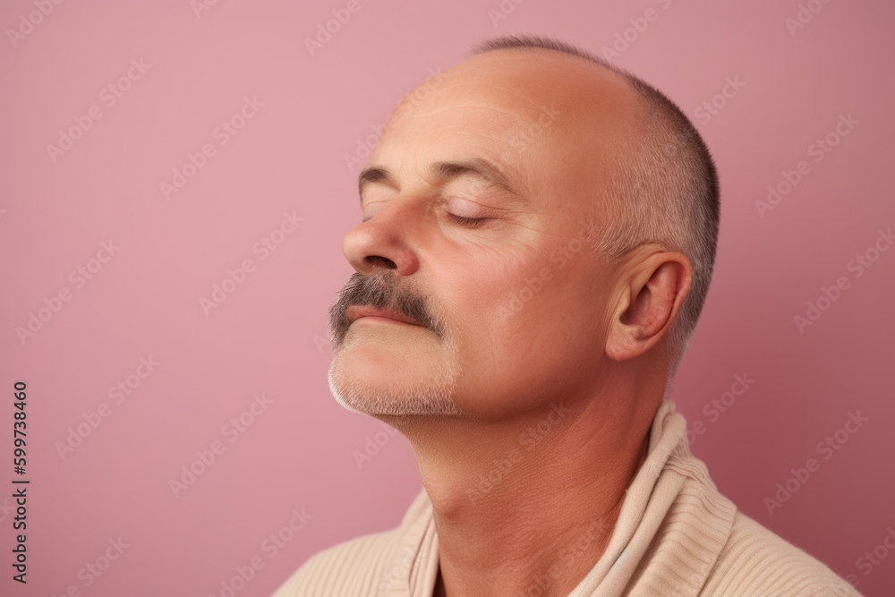 Portrait of a bald man with a mustache on a pink background Portrait of a bald man with a mustache on a pink background