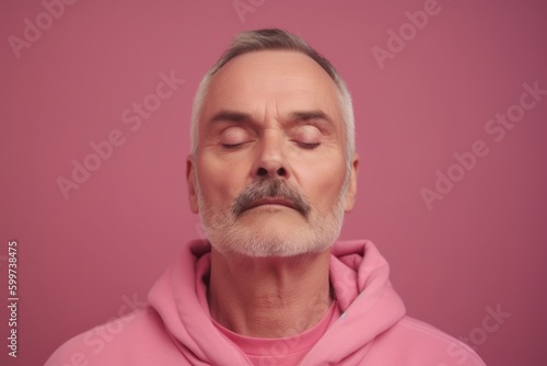 Portrait of senior man with closed eyes. Isolated on pink background.