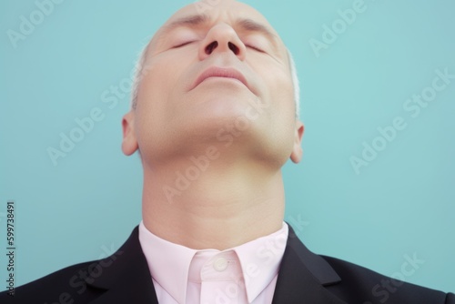 Portrait of a businessman with closed eyes on a blue background.