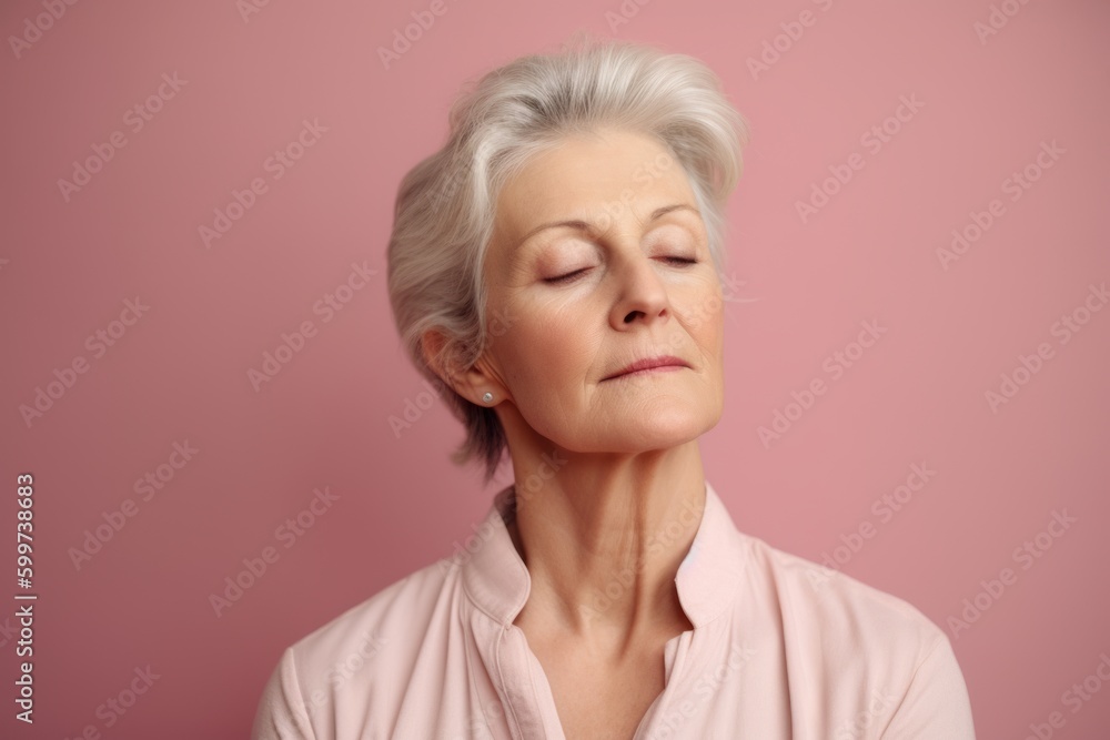 Portrait of beautiful senior woman with closed eyes on pink background. Portrait of beautiful senior woman with closed eyes on pink background.