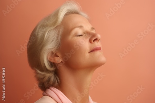 Portrait of a beautiful mature woman with closed eyes on a pink background