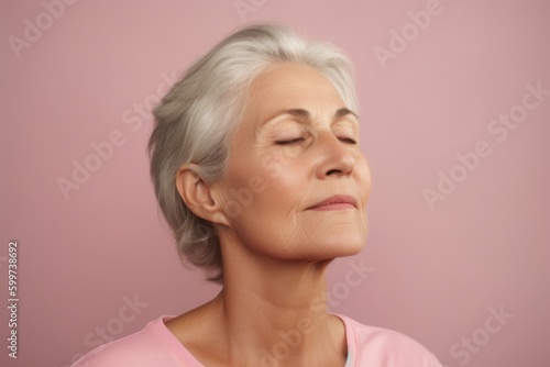 Portrait of beautiful mature woman with closed eyes  isolated on pink background