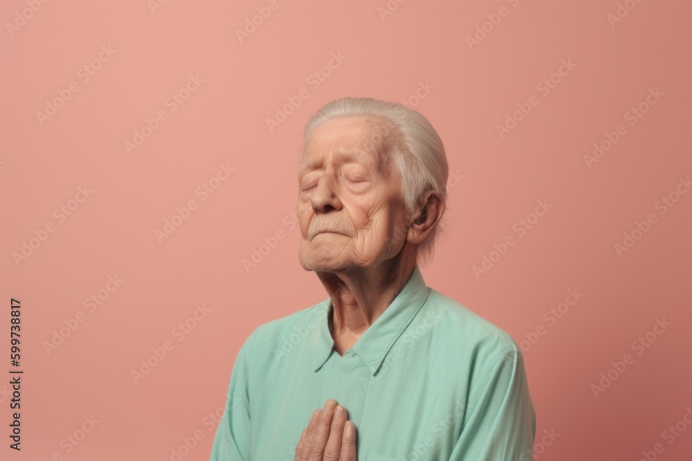 Portrait of an elderly woman with closed eyes on a pink background Portrait of an elderly woman with closed eyes on a pink background