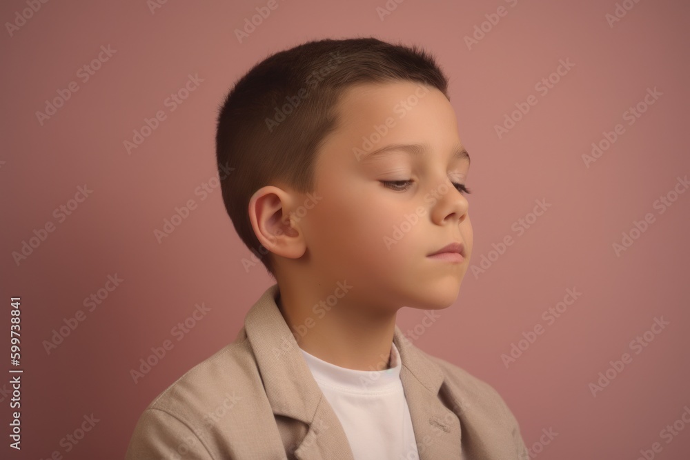 Portrait of a little boy in a beige coat on a pink background Portrait of a little boy in a beige coat on a pink background