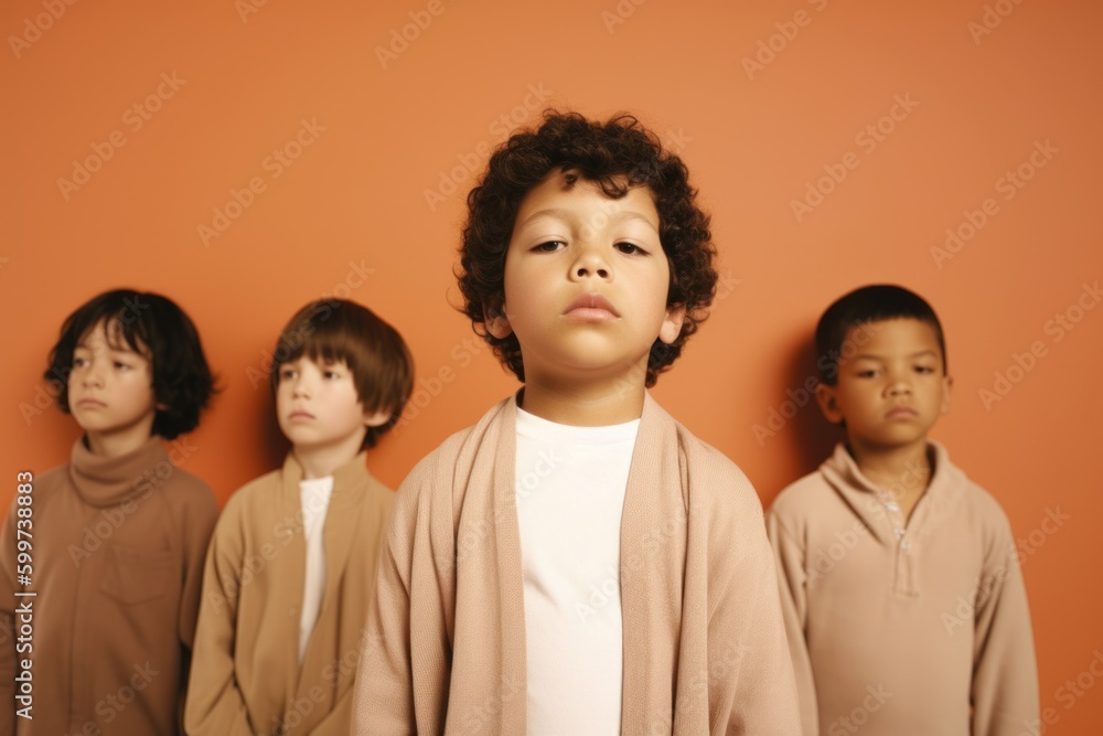 Group of children posing in studio on orange background, low angle view Group of children posing in studio on orange background, low angle view