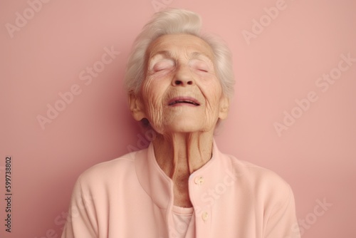 Portrait of an elderly woman with closed eyes on a pink background