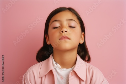 Medium shot portrait photography of a female child practicing mindfulness, sophrology, relaxation & stress-reduction wearing a chic cardigan on pastel background. Generative AI