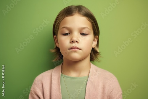 Portrait of a cute little girl in a pink sweater on a green background