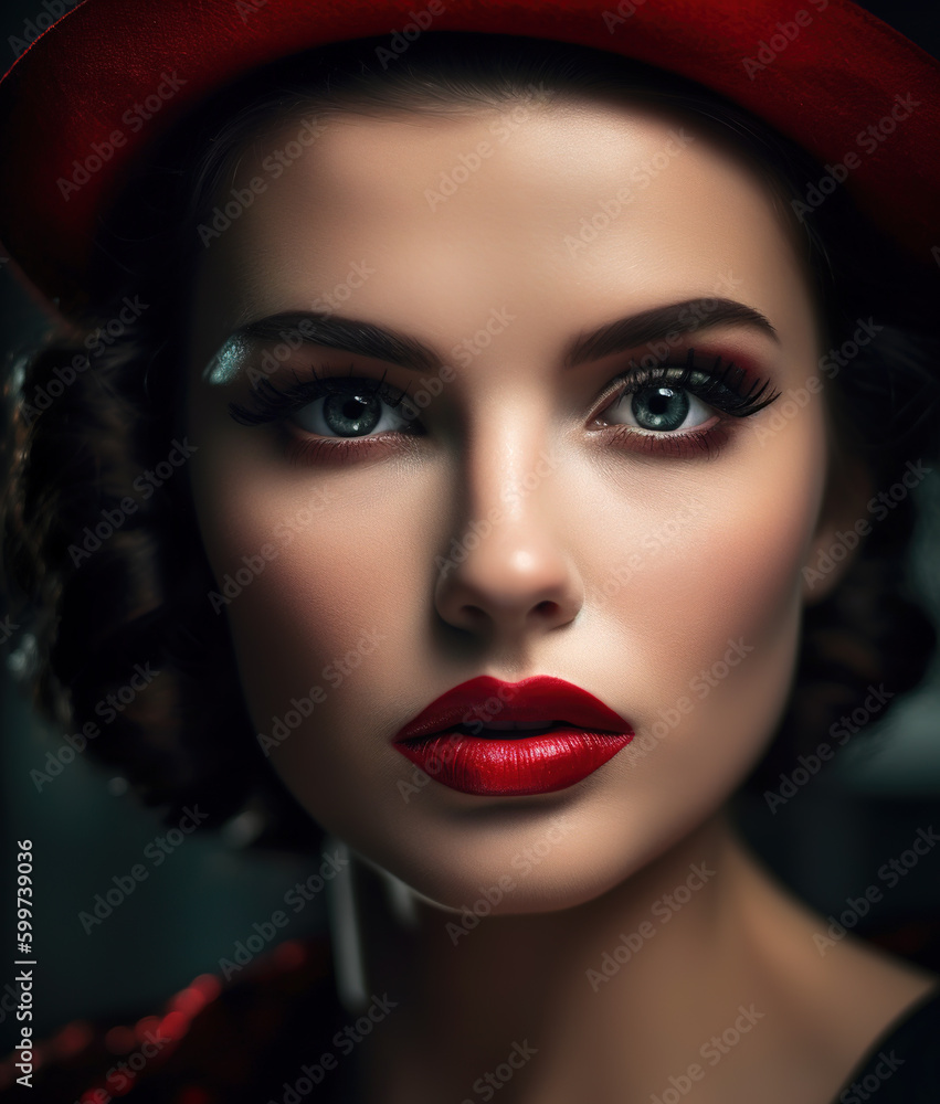 A close-up portrait of a model in the dark studio. AI-generated image A close-up portrait of a model in the dark studio. AI-generated image