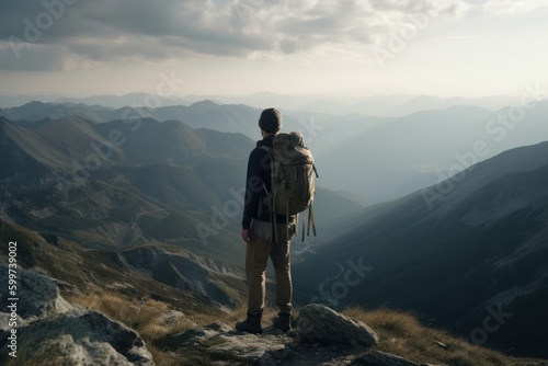 Hiker at a mountain top - generative ai