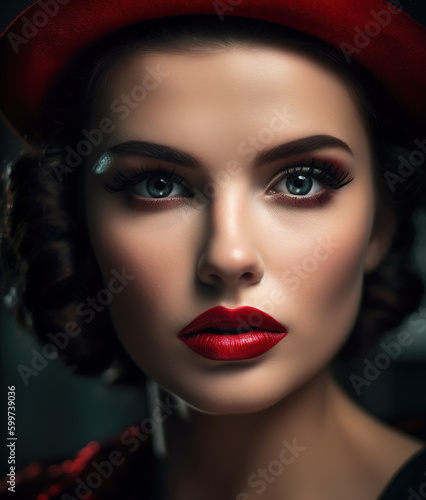 A close-up portrait of a model in the dark studio. AI-generated image