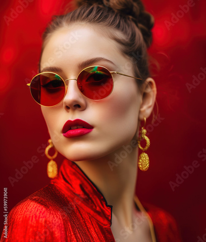 Portrait of a model wearing luxury designer sunglasses and expensive posh golden earrings. AI-generated image