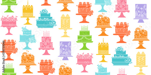 Birthday cakes celebration desserts seamless pattern. Party delicious cupcake sweet bakery boundless background. Holiday decoration cake abstract ornament pastries endless texture happy cartoon vector