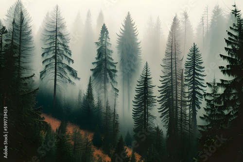 モミの森がある霧の風景