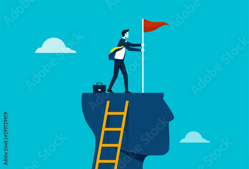 Growth and career development for success, mentor or inspiration to succeed in work or business, success mindset, businessman climbing on top of his mind placing red flag for business goal symbol
