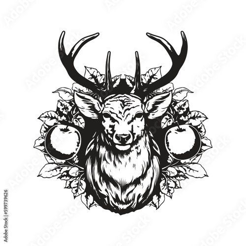 apple with deer, vintage logo line art concept black and white color, hand drawn illustration