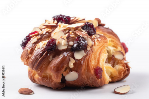 Croissant with berry on top on white background. AI Generative.