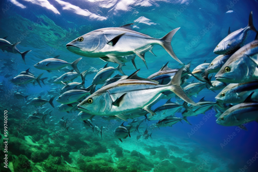 Obraz premium Fantastic underwater world, a large school of fish.
