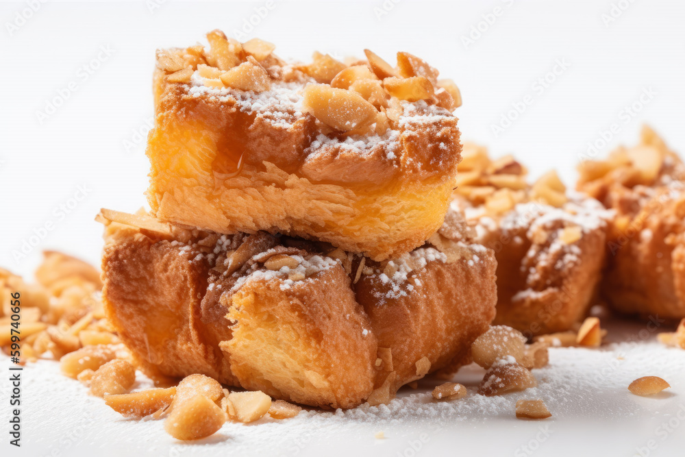 Bread with nuts and honey dripping on white background. AI Generative.