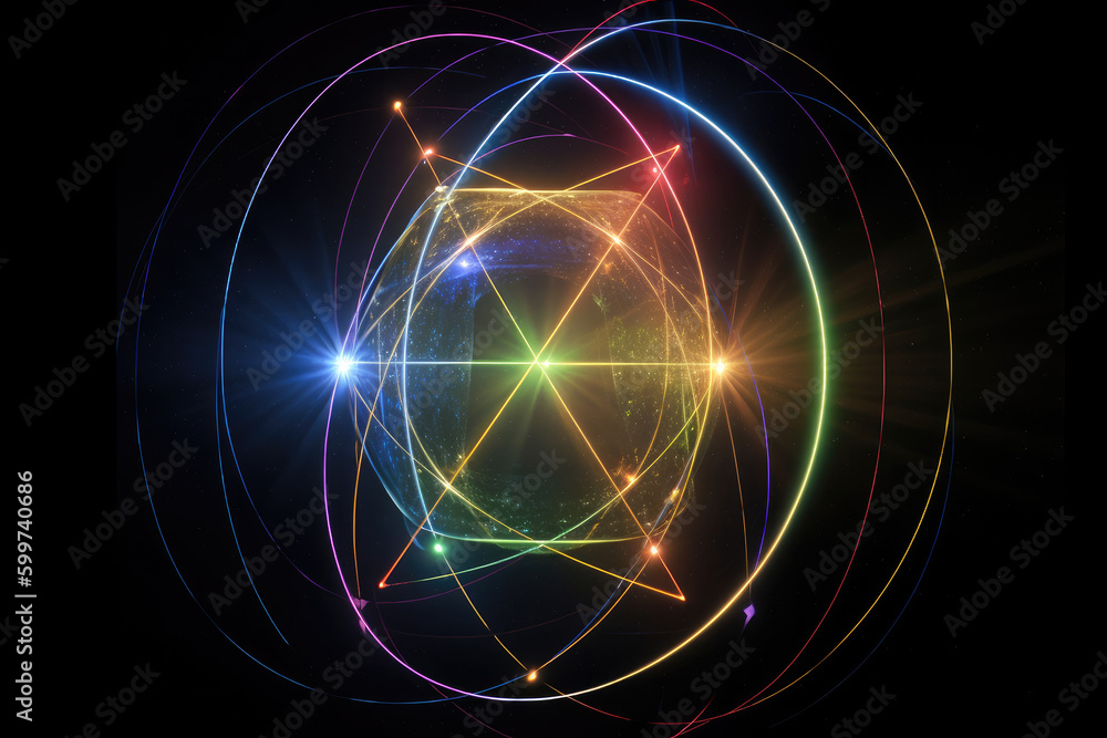 The curved orbits of protons and neutrons in the atomic structure.