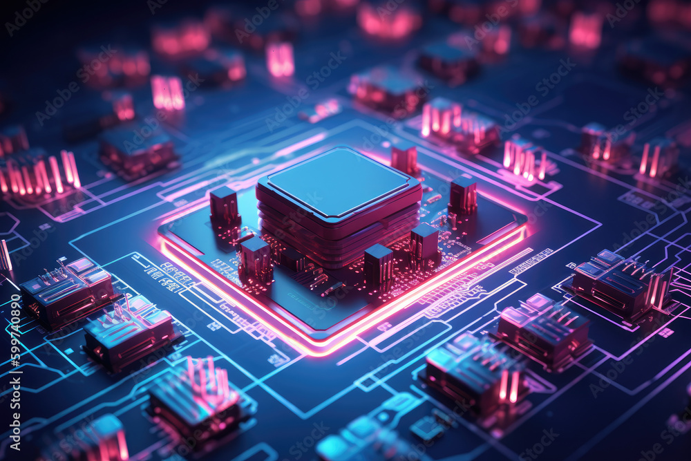 Motherboard with background of glowing microcircuits and processor abstract technology background