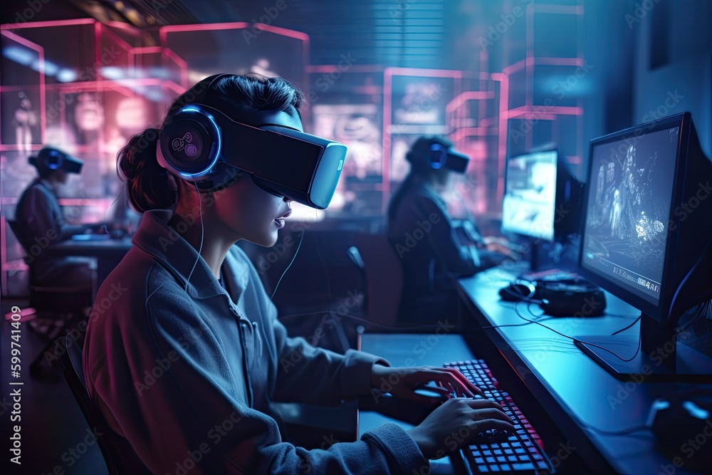 A person playing a video game in virtual reality, with the help of an AI assistant that provides tips, strategies, and even cheats to help them progress A person playing a video game in virtual reality, with the help of an AI assistant that provides tips, strategies, and even cheats to help them progress