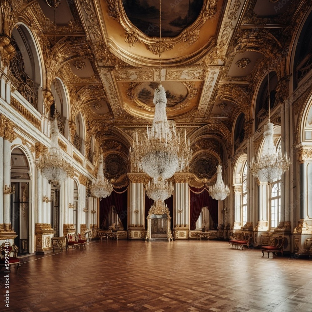 Grand ballroom in the palace, with chandeliers, with decorations on the walls and ceiling, interior photography, palace, ballroom, luxury, chandeliers, velvet curtains, generated in AI