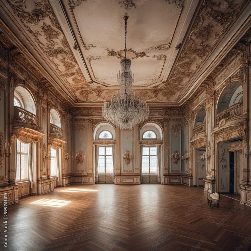 Grand ballroom in the palace, with chandeliers, with decorations on the walls and ceiling, interior photography, palace, ballroom, luxury, chandeliers, velvet curtains, generated in AI