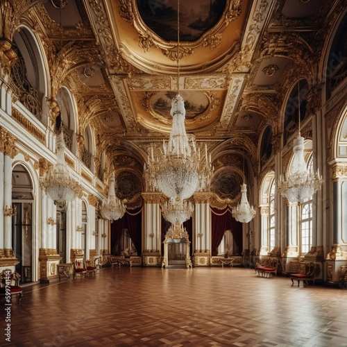 Grand ballroom in the palace, with chandeliers, with decorations on the walls and ceiling, interior photography, palace, ballroom, luxury, chandeliers, velvet curtains, generated in AI photo