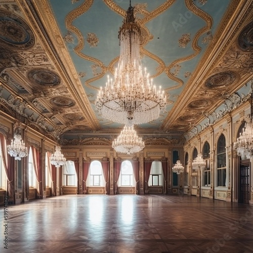 Grand ballroom in the palace  with chandeliers  with decorations on the walls and ceiling  interior photography  palace  ballroom  luxury  chandeliers  velvet curtains  generated in AI
